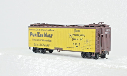 Valla publicitaria de madera de malta puritana HO Walthers 40’ refrigerada construida con Kadees URTC 40817 | Zustand: Used