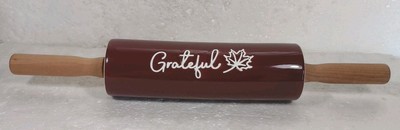 Ceramic Rolling Pin Burgundy Color Grateful with a Leaf 17 inch 
