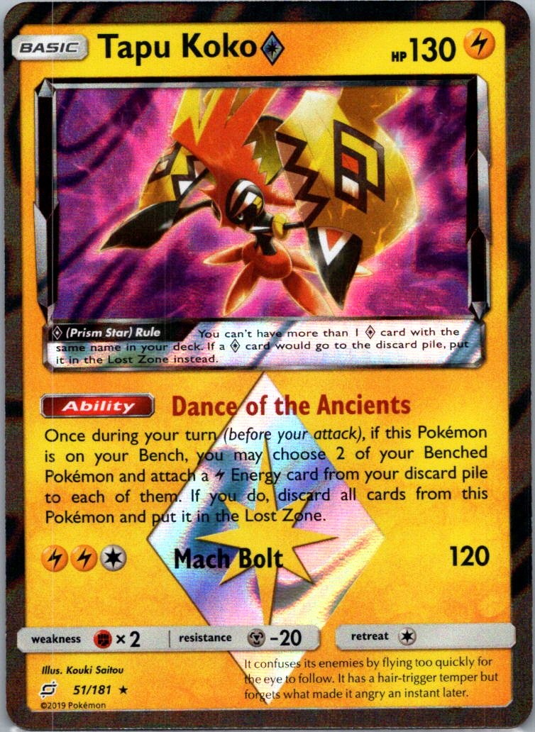 Pokemon TCG Tapu Koko 51/181 Team Up Holo NM