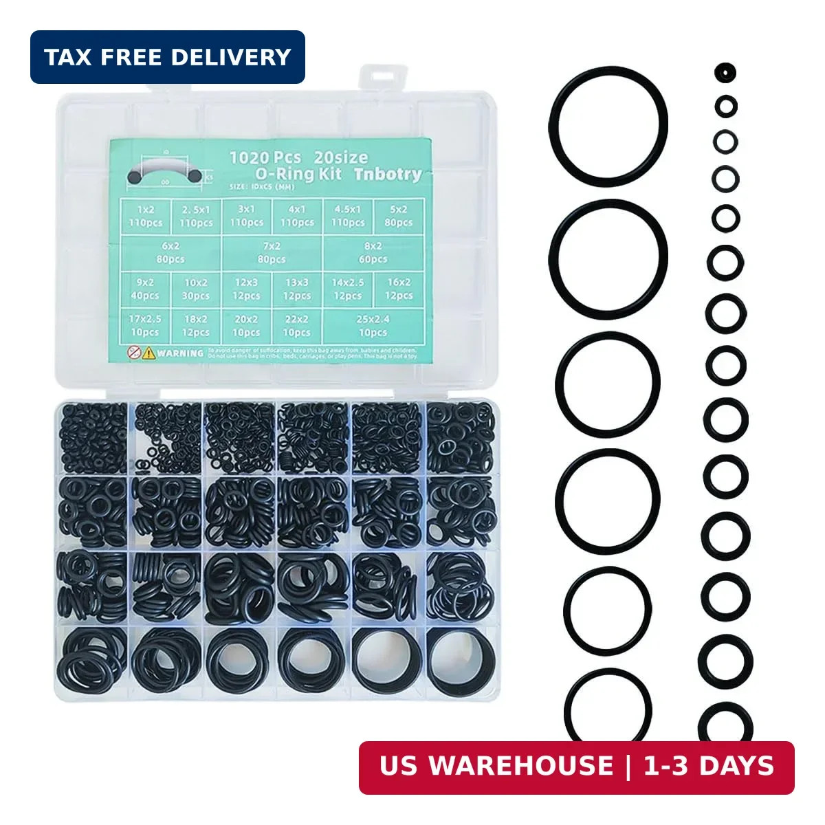 1020 Pcs 20 Sizes O Ring Kit, Rubber O-Ring Assortment Kit