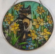 Stained Glass: Cat In The Garden Colorful Suncatcher Cat Lover's Theme