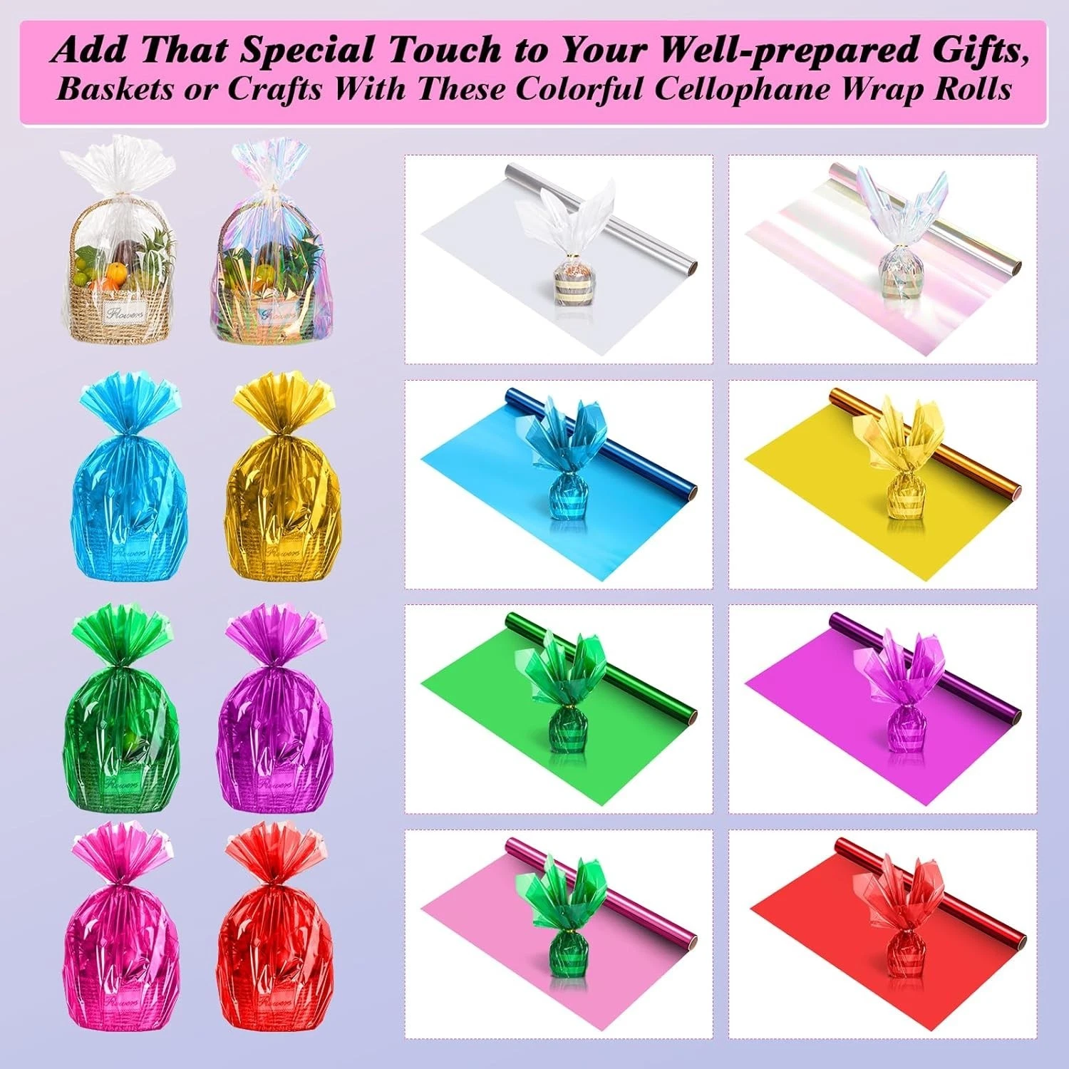 8 Rolls Colored Cellophane Wrap Extra Wide (34In X 10Ft) Transparent Cellophane image 3