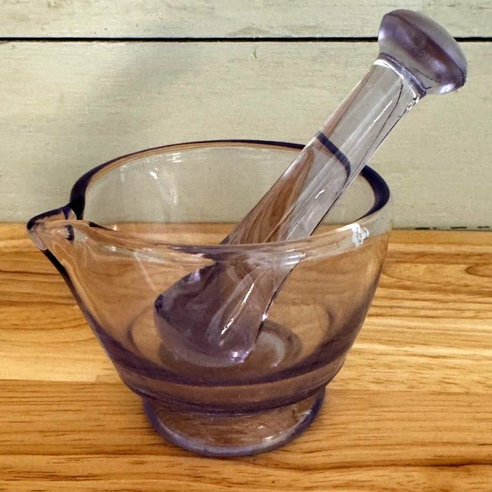 Antique 4 oz Glass Apothecary Mortar and Pestle Set Purplish and Glows