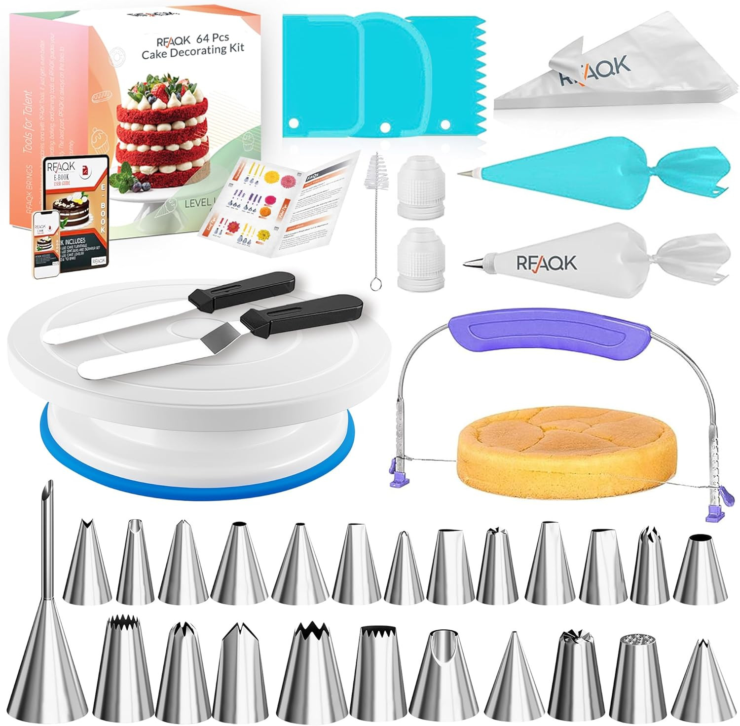 Rfaqk 64Pcs Cake Decorating Kit With Leveler, Baking Supplies Gift Includes Cake