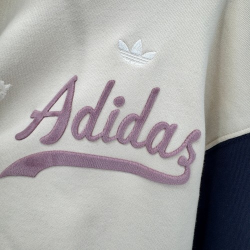 adidas Originals Hoodie Womens Large Cropped Pullover Cream Blue Logo Hit - Picture 5 of 9