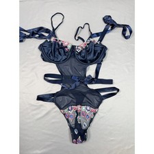 Victoria's Secret Navy Blue Embellished Mesh Teddy Bodysuit Lingerie Sz M