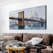 Ardemy Brooklyn Bridge Wall Art, Large Cityscape 40L x 20W, Grey cityscape 