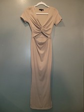Lulus Ribbed Short Sleeve Maxi Dress Chest Cutout Side Slits Women's Size S Tan