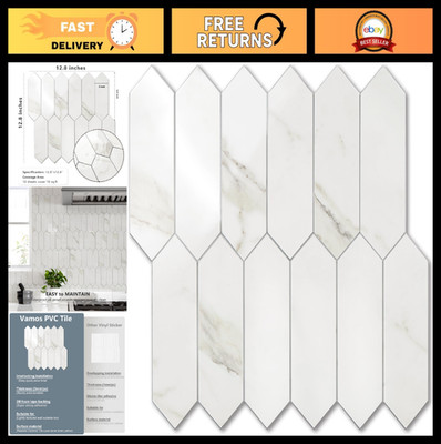 Glossy White Marble Peel and Stick Backsplash Tile - 12.8'' Hexagon PVC Mosaic fo