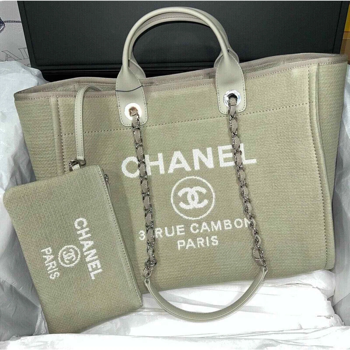 CHANEL Deauville Large Canvas Tote Bag Beige