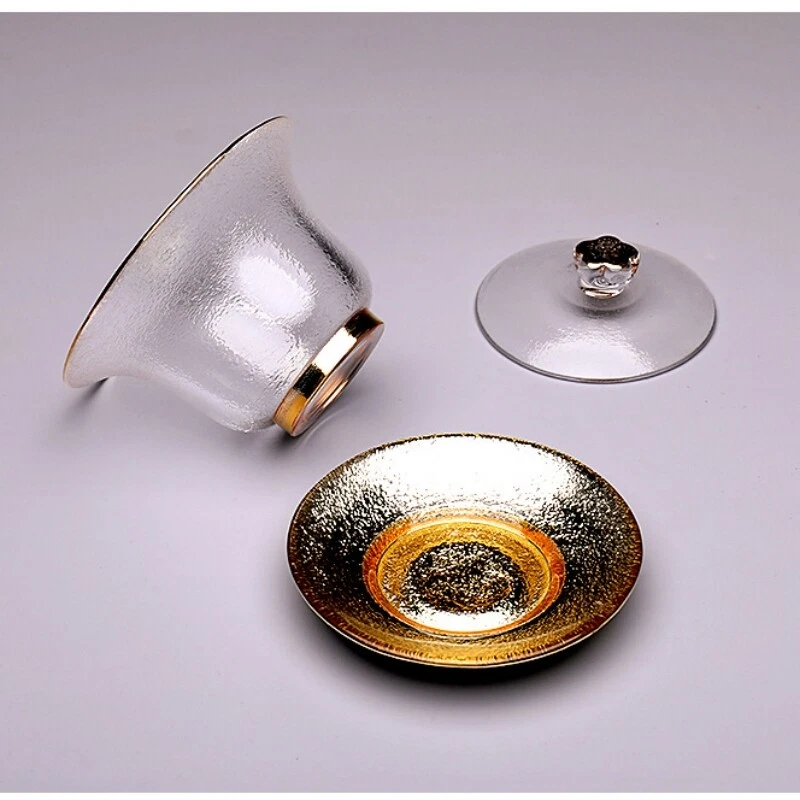 200 ml transparente Gaiwan vidrio tureen relieve floral estampado tazón cubierto taza platillo estera Foto 3 de 4