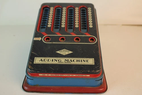 VINTAGE TIN LITHO WOLVERINE USA BLUE AND RED TIN MATH TOY ADDING MACHINE