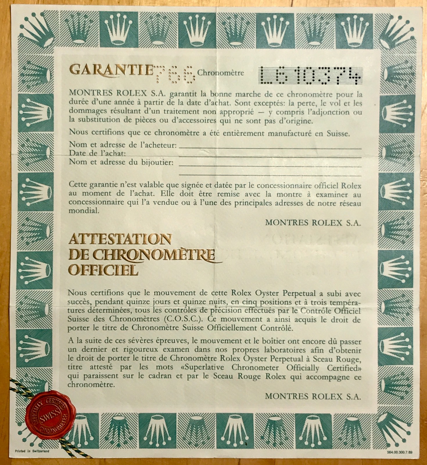 Rolex Certificate DAYTONA SUBMARINER GMT EXPLORER SEA DWELLER DATEJUST #L610374/