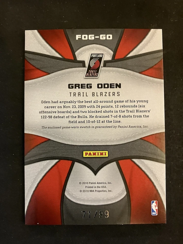 2009-10 Certified Fabric of the Game Jersey Number Die-Cut /99 Greg Oden #FOG-GO - Image 2 of 2