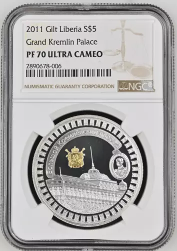10 DOLLARS 2011 LIBERIA GRAND KREMLIN PALACE SILVER PROOF NGC PF70
