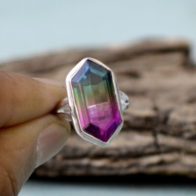 Hexagonal Multi Tourmaline Quartz Gemstone 925 Sterling Silver Statement Ring