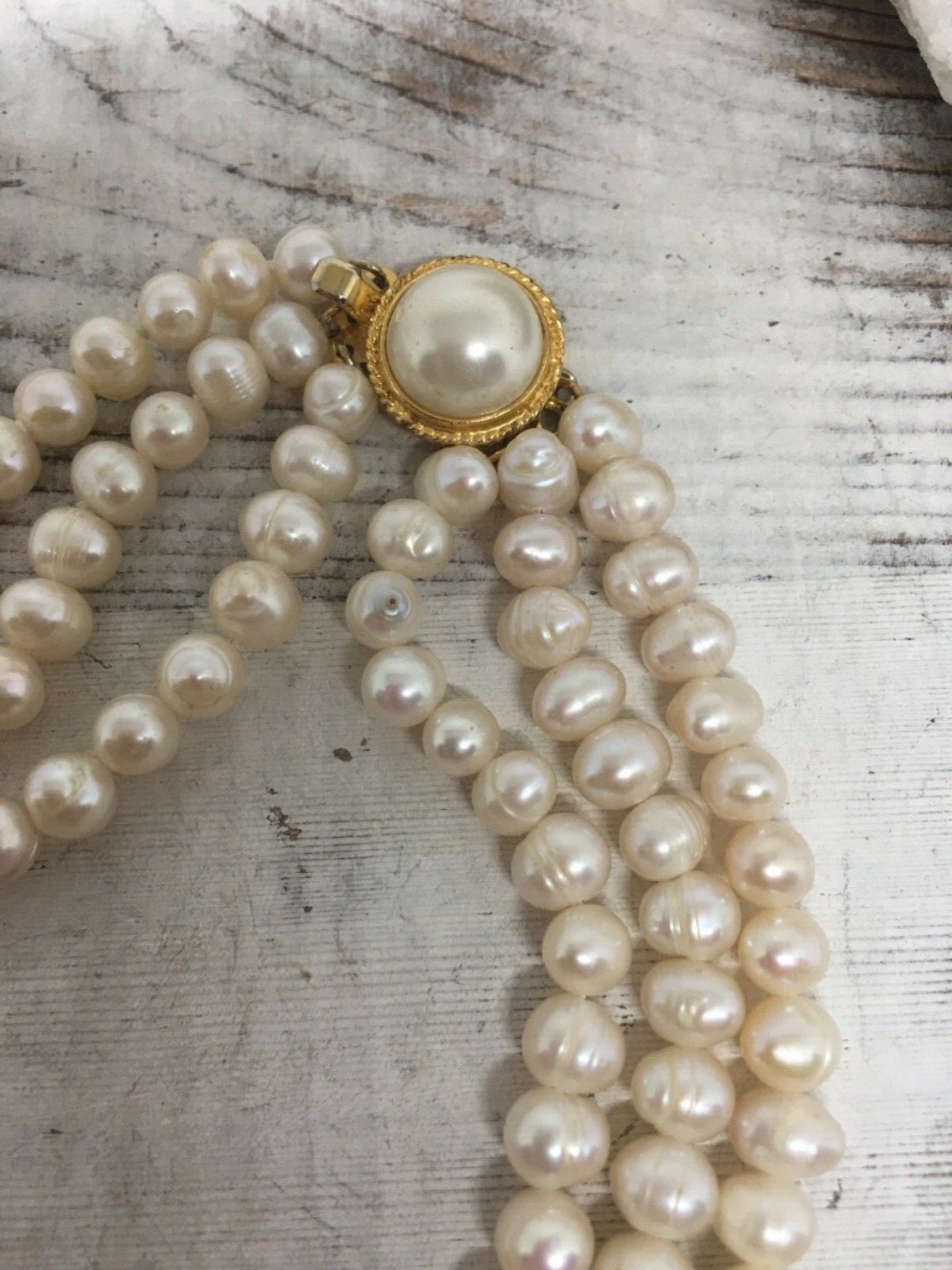 Freshwater Pearl Triple Strand Vintage Necklace Chain… Gem
