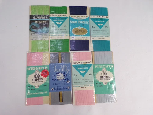 8 Vintage Rayon Seam Binding Wrights (7) Burlington Mills All 1/2" 3 Yards C25