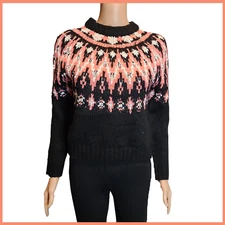 Hooked Up by IOT Juniors' Fair Isle Crewneck Sweater NWT Black & Pink Small