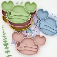 Silicone Crab Shaped Baby Toddler Training Plates with Suction Spoon  Fork Set