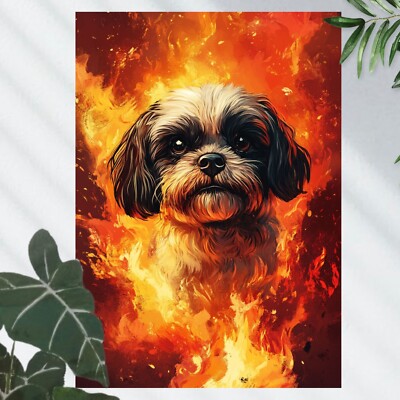 Shih Tzu in Flammen Poster Schöne Wanddeko Dekoration