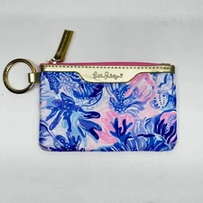 Lilly Pulitzer ID Case Shade Seekers Blue Tropical Coin Purse Keychain Wallet 5”