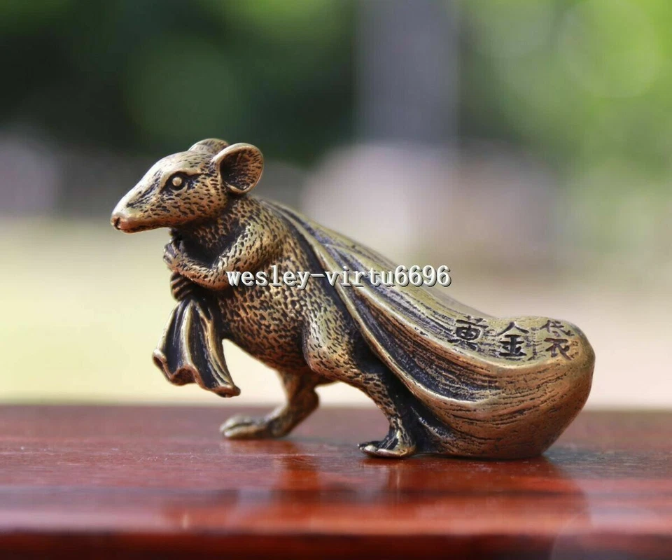 6 cm Pure Bronze Copper Zodiac Animal Rat Mouse Bring Wealth Sack Statue - Image 2 of 4