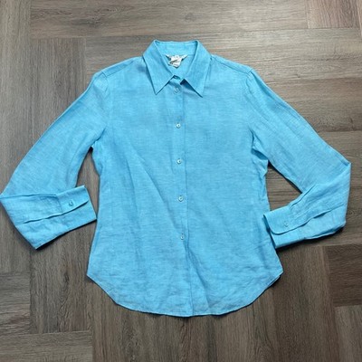 Loro Piana 100% Linen Button Down Shirt 42 6 US Turquoise Blue Italy Classic