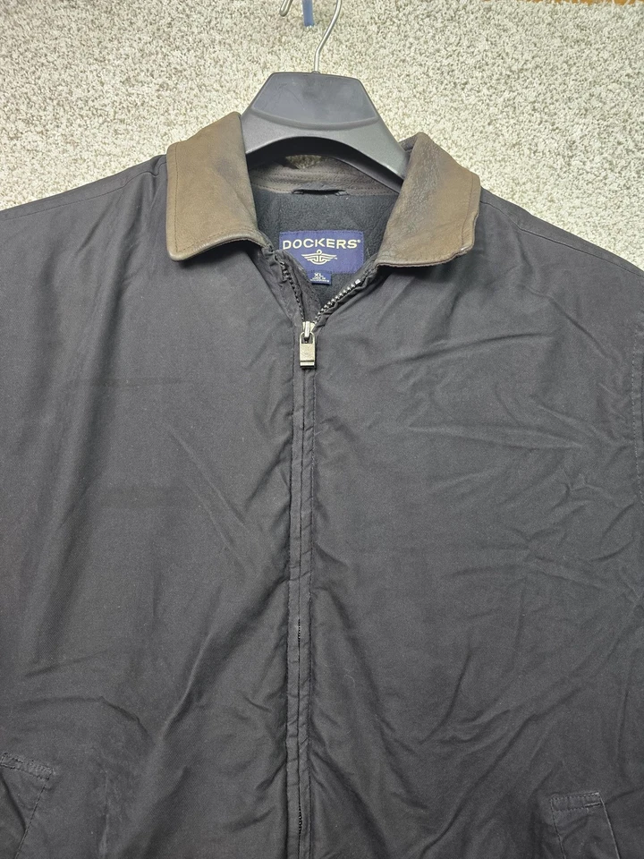 Dockers Jacket Mens XL Black Leather Collar Bomber Nylon Shell Fleece Lined - Image 3 of 4