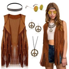 60s Fancy Dress 70s Hippie Jacket Fringe Vest Women Costume Accessories Set - XL