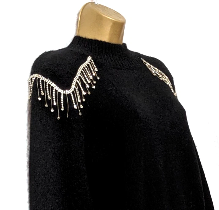 QUIZ Black Embellished Shoulder Soft Knit Jumper Sz 10-12 Long Sleeve Xmas Party - Image 3 of 4