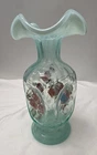 Fenton Opaline Blue-White Blush Rose Trellis  Vase Signed