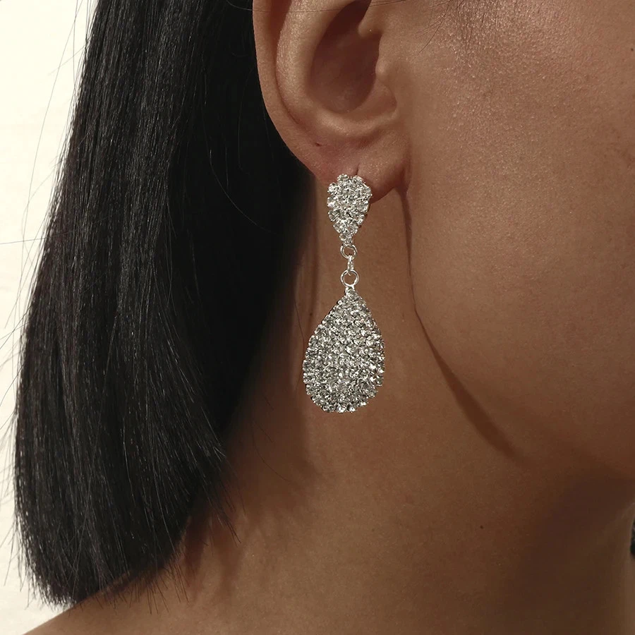 Pendientes Largos Borla Cristal Estrás Gota Agua Novia Clip En Joyería 1 Par Foto 4 de 4