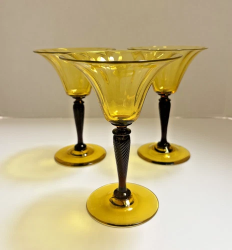(3) Vintage Carder Steuben Bristol Yellow & Amethyst Champagne Glasses, Signed
