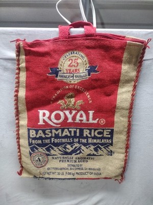 Royal Basmati Rice Bag 20lbs Burlap w Handles Zipper 25th Anniversary No Rice