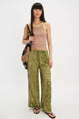 Free People All Out Printed Satin Pants - Size Small Green Gold Trousers - BNWOT