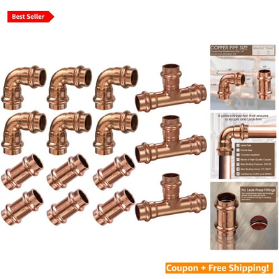 #ad Copper Press Fittings Set: 6PCS 1 2quot; Couplings Elbows amp; Tee Zero Lead Cert... $73.95