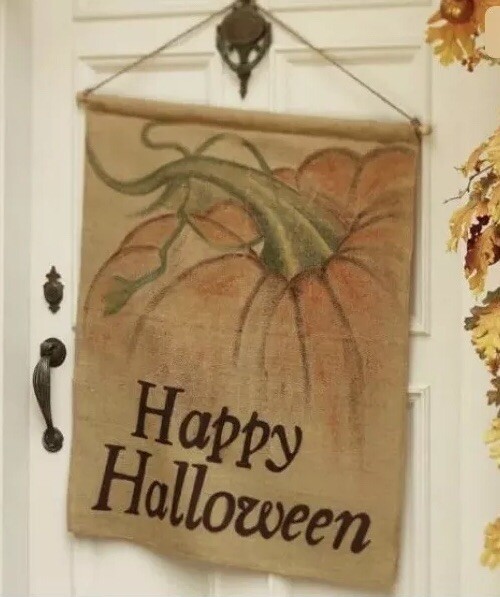 New In Box Pottery Barn Burlap Happy Halloween Fall Pumpkin Flag