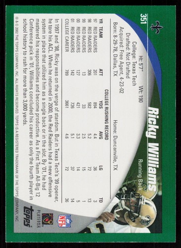 Topps Ricky Williams #351 2002 fútbol americano New Orleans Saints - Imagen 2 de 2
