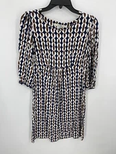 Boden Dress Womens 4L Blur Brown White Geo Print Scoop Neck Long Sleeve Shift
