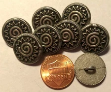 8 Antiqued Silver Tone Metal Shank Buttons 11/16" 17.5mm 9566