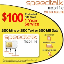 SpeedTalk GSM SIM Card Rollover 2500 Text OR Data 5G 4G LTE GPS Trackers 1 Year
