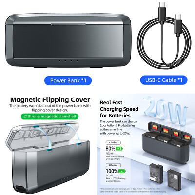 Kit 2 Batterie + Caricabatterie 3 Slot Per DJI Osmo Action 5 Pro/4/3 – Ricarica Rapida USB-C, Custodia Per 3 Batterie E 4 SD
