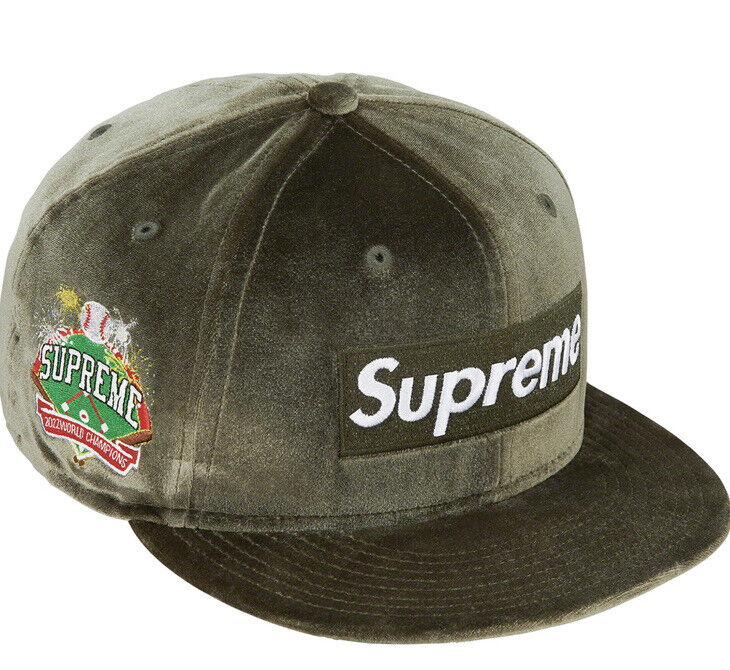 SUPREME VELOUR BOX LOGO NEW ERA OLIVE HAT/ SIZE 7 5/8 FW22 WEEK 13  (AUTHENTIC)