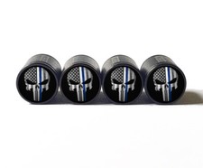 Punisher Police Blue Line Valve Stem Caps - Aluminum - Set Of 4 - Fits All Autos