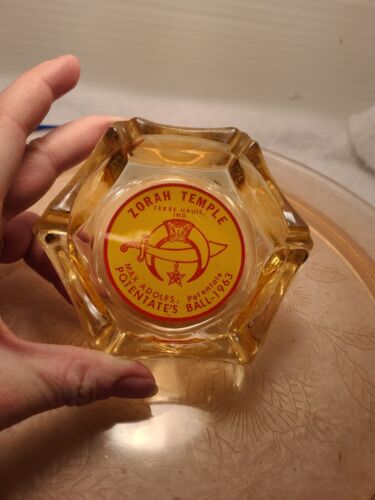 Zorah Temple Terra.Haute, IND. Yellow/Red Amber Glass 4" Octagon Ashtray  - Picture 1 of 5