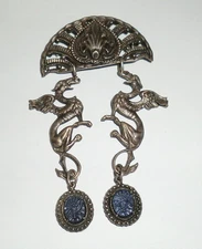 Vintage Silvered Brass Brooch Pin Gryphons Griffin Dragons Brooch Lapis  WB14