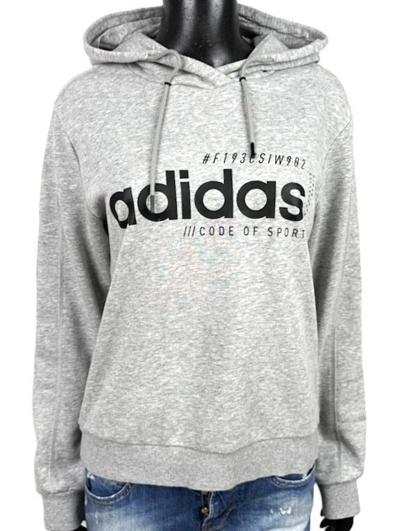 Adidas Felpa Donna L Grigia Cappuccio Maxi Logo Cotone Hoodie