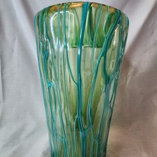 Vintage studio art glass vase featuring green body  turquoise seaweed,veining