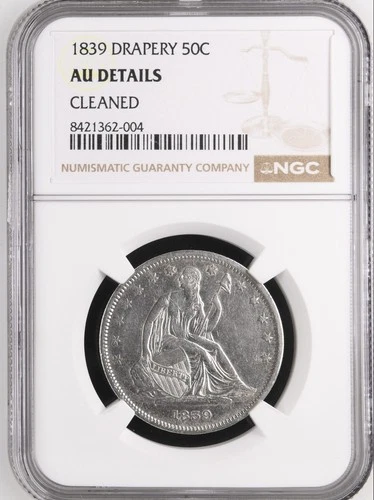 1839 DRAPERY Seated Liberty Silver Half Dollar 50C NGC Graded AU Details